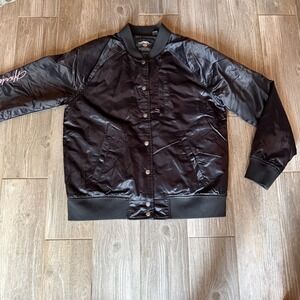 Harley Davidson Womens Black Satin Bomber Jacket‎ Pink Script Logo Size L